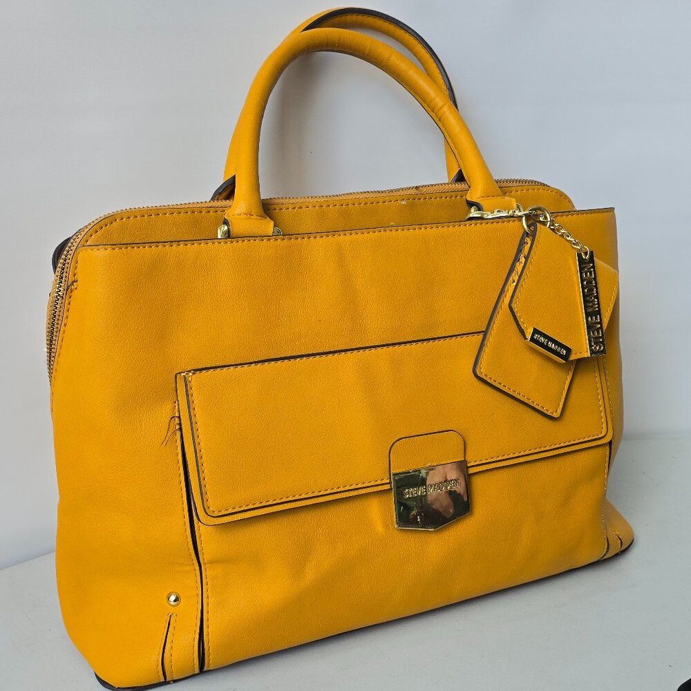 Steve Madden Mustard Satchel with Top Handle and Flap Closure